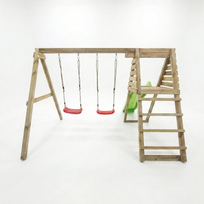 Aire de jeux en bois Maxplay Gym – Toboggan et Double Balançoire pour jardin