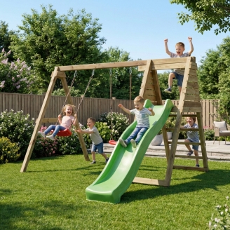 Aire de jeux en bois Maxplay Gym – Toboggan et Double Balançoire pour jardin