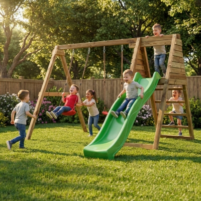 Aire de jeux en bois Maxplay Gym – Toboggan et Double Balançoire pour jardin