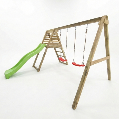 Aire de jeux en bois Maxplay Gym – Toboggan et Double Balançoire pour jardin