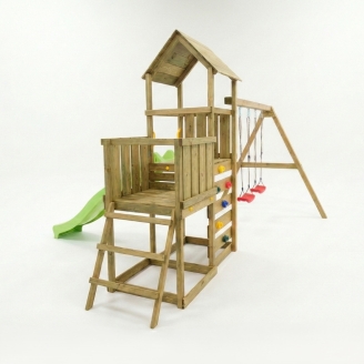 Aire de jeux en bois Maxplay 3.2 – Toboggan Vert, Tour, Escalade et Double Balançoire
