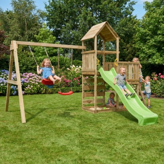 Aire de jeux en bois Maxplay 3.2 – Toboggan Vert, Tour, Escalade et Double Balançoire