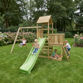 Aire de jeux en bois Maxplay 3.2 – Toboggan Vert, Tour, Escalade et Double Balançoire