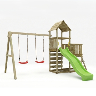Aire de jeux en bois Maxplay 3.2 – Toboggan Vert, Tour, Escalade et Double Balançoire