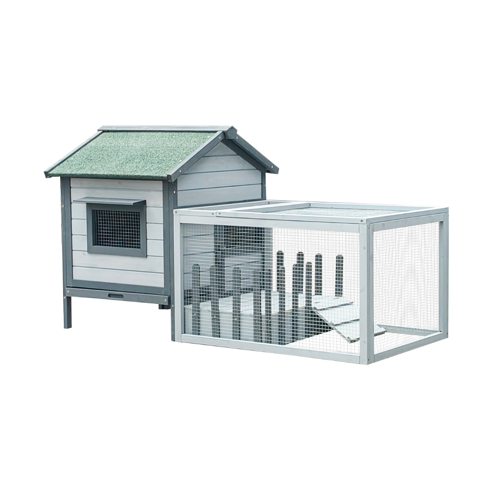 Clapier en bois gris extérieur avec enclos pour lapins et cochons d’Inde 146 x 75 x 83 cm – Farm 1