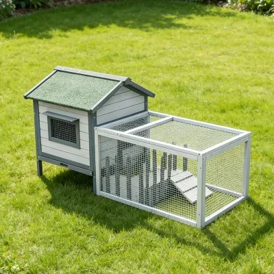 Clapier en bois gris extérieur avec enclos pour lapins et cochons d’Inde 146 x 75 x 83 cm – Farm 1