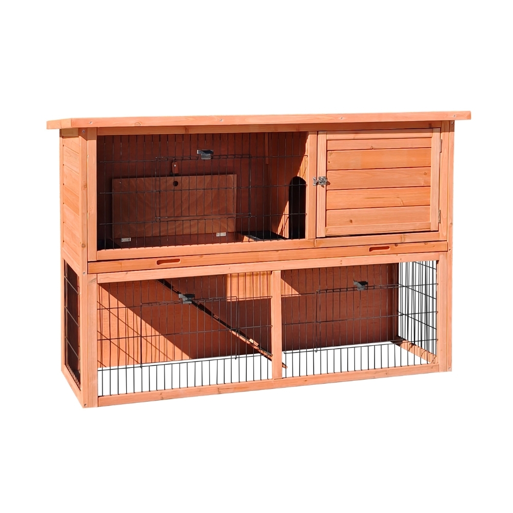 Clapier en bois extérieur à deux niveaux avec enclos 136 x 50 x 92 cm – Farm 2