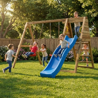 Aire de jeux en bois Maxplay Gym – Toboggan Bleu et Double Balançoire pour jardin