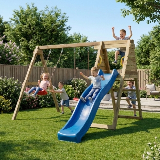 Aire de jeux en bois Maxplay Gym – Toboggan Bleu et Double Balançoire pour jardin