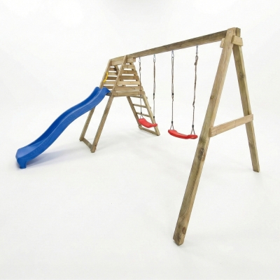 Aire de jeux en bois Maxplay Gym – Toboggan Bleu et Double Balançoire pour jardin