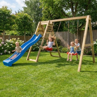 Aire de jeux en bois Maxplay Gym – Toboggan Bleu et Double Balançoire pour jardin