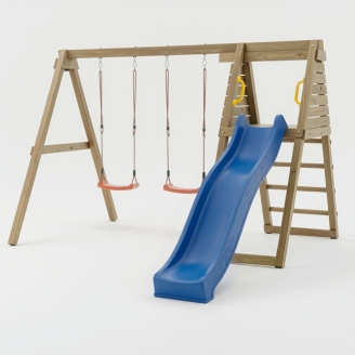 Aire de jeux en bois Maxplay Gym – Toboggan Bleu et Double Balançoire pour jardin