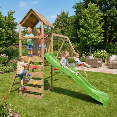 Parc de jeux en bois Maxplay 2.2 – Toboggan Vert, Double Balançoire et Tour