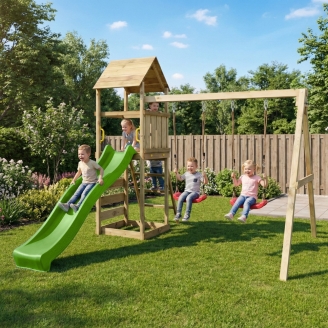 Parc de jeux en bois Maxplay 2.2 – Toboggan Vert, Double Balançoire et Tour