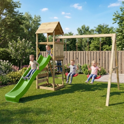 Parc de jeux en bois Maxplay 2.2 – Toboggan Vert, Double Balançoire et Tour