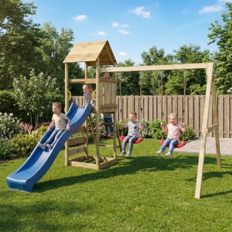 Parc de jeux en bois Maxplay 2.2 – Toboggan Bleu, Double Balançoire et Tour