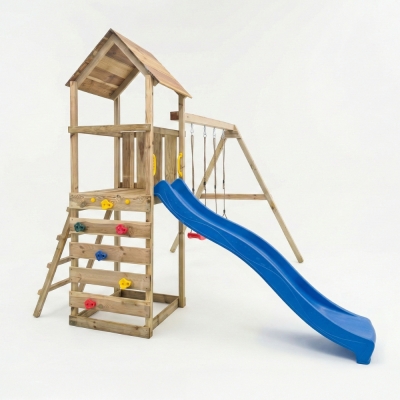 Parc de jeux en bois Maxplay 2.2 – Toboggan Bleu, Double Balançoire et Tour