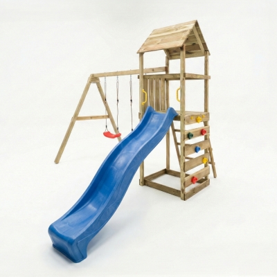 Parc de jeux en bois Maxplay 2.2 – Toboggan Bleu, Double Balançoire et Tour