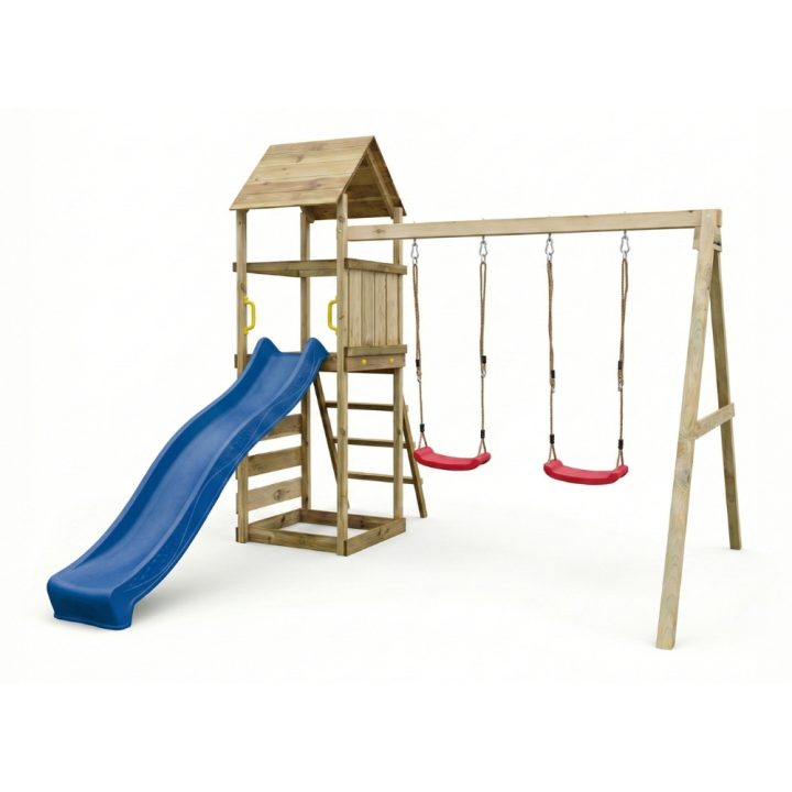 Parc de jeux en bois Maxplay 2.2 – Toboggan Bleu, Double Balançoire et Tour
