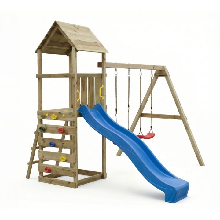 Parc de jeux en bois Maxplay 2.2 – Toboggan Bleu, Double Balançoire et Tour