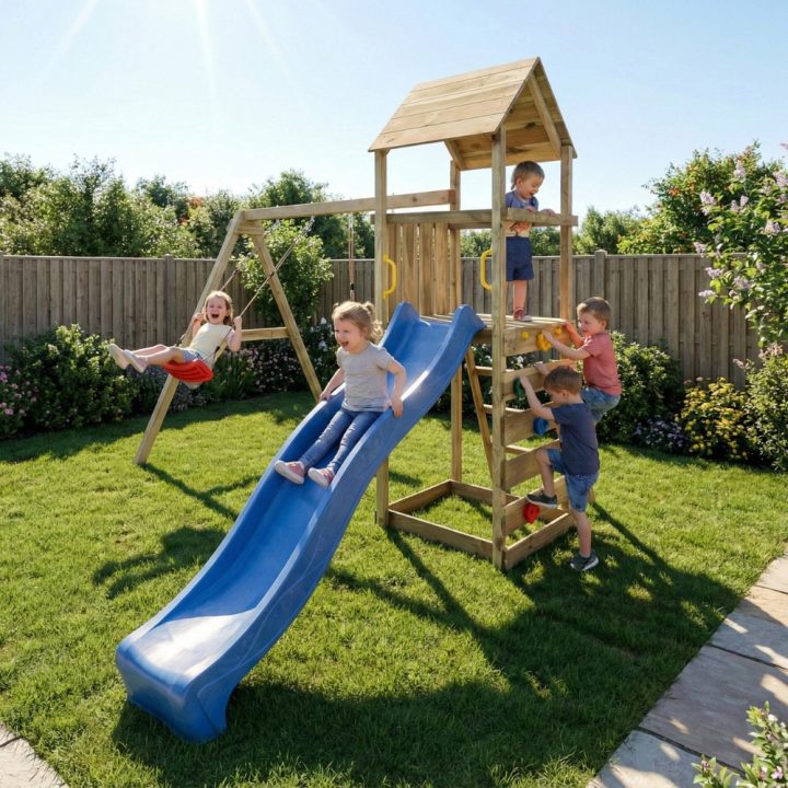 Parc de jeux en bois Maxplay 2.2 – Toboggan Bleu, Double Balançoire et Tour