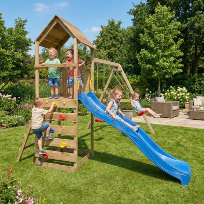 Parc de jeux en bois Maxplay 2.2 – Toboggan Bleu, Double Balançoire et Tour