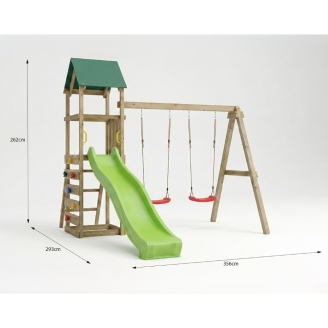 Aire de jeux en bois Maxplay 2.1 avec toboggan vert, double balançoire et mur d’escalade pour jardin