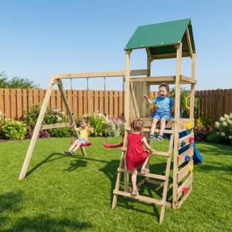 Aire de jeux en bois Maxplay 2.1 avec toboggan bleu, double balançoire et mur d’escalade pour jardin