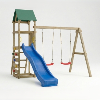 Aire de jeux en bois Maxplay 2.1 avec toboggan bleu, double balançoire et mur d’escalade pour jardin