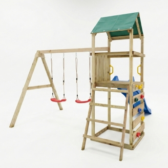 Aire de jeux en bois Maxplay 2.1 avec toboggan bleu, double balançoire et mur d’escalade pour jardin