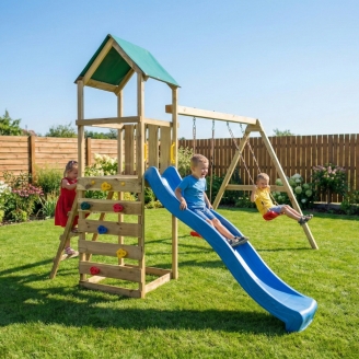 Aire de jeux en bois Maxplay 2.1 avec toboggan bleu, double balançoire et mur d’escalade pour jardin
