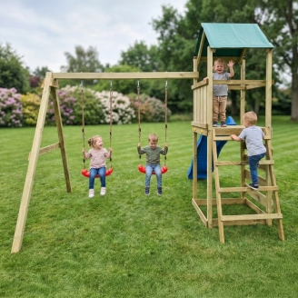 Aire de jeux en bois Maxplay 2.1 avec toboggan bleu, double balançoire et mur d’escalade pour jardin