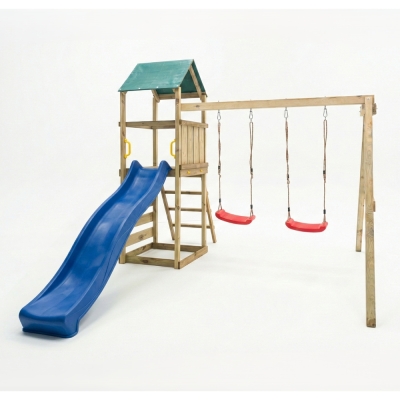 Aire de jeux en bois Maxplay 2.1 avec toboggan bleu, double balançoire et mur d’escalade pour jardin