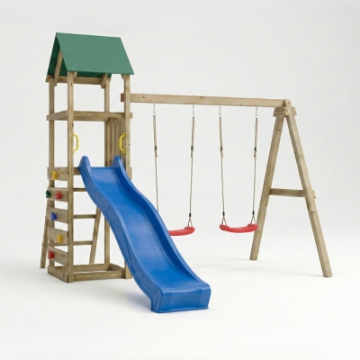 Aire de jeux en bois Maxplay 2.1 avec toboggan bleu, double balançoire et mur d’escalade pour jardin
