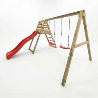 Aire de jeux en bois Maxplay Gym – Toboggan Rouge et Double Balançoire pour jardin