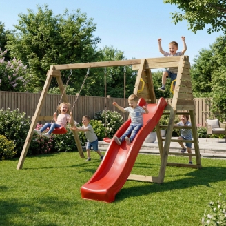 Aire de jeux en bois Maxplay Gym – Toboggan Rouge et Double Balançoire pour jardin
