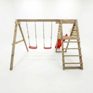 Aire de jeux en bois Maxplay Gym – Toboggan Rouge et Double Balançoire pour jardin