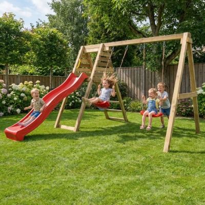 Aire de jeux en bois Maxplay Gym – Toboggan Rouge et Double Balançoire pour jardin