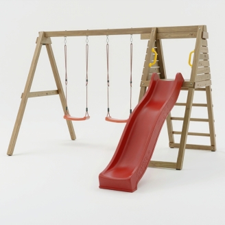 Aire de jeux en bois Maxplay Gym – Toboggan Rouge et Double Balançoire pour jardin