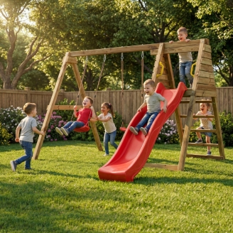 Aire de jeux en bois Maxplay Gym – Toboggan Rouge et Double Balançoire pour jardin