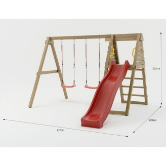 Aire de jeux en bois Maxplay Gym – Toboggan Rouge et Double Balançoire pour jardin