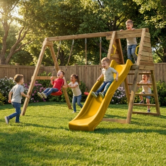 Aire de jeux en bois Maxplay Gym – Toboggan Jaune et Double Balançoire pour jardin