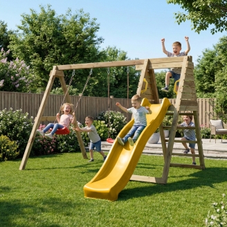 Aire de jeux en bois Maxplay Gym – Toboggan Jaune et Double Balançoire pour jardin
