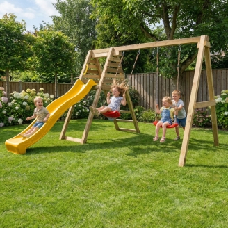 Aire de jeux en bois Maxplay Gym – Toboggan Jaune et Double Balançoire pour jardin