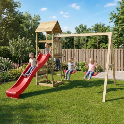 Parc de jeux en bois Maxplay 2.2 – Toboggan Rouge, Double Balançoire et Tour