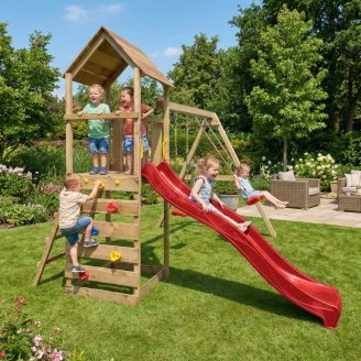Parc de jeux en bois Maxplay 2.2 – Toboggan Rouge, Double Balançoire et Tour