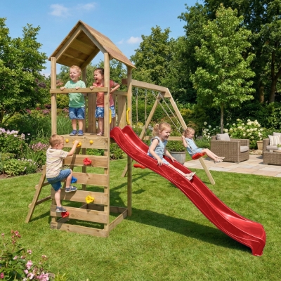 Parc de jeux en bois Maxplay 2.2 – Toboggan Rouge, Double Balançoire et Tour