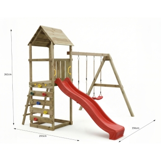 Parc de jeux en bois Maxplay 2.2 – Toboggan Rouge, Double Balançoire et Tour