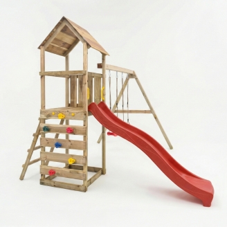 Parc de jeux en bois Maxplay 2.2 – Toboggan Rouge, Double Balançoire et Tour