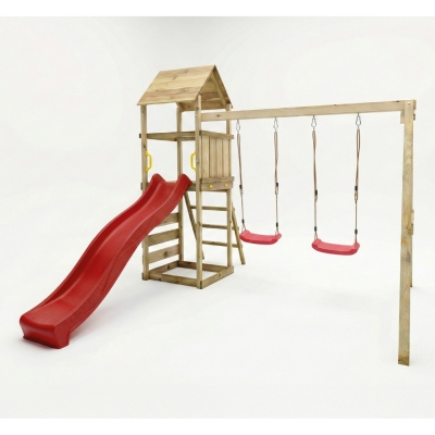 Parc de jeux en bois Maxplay 2.2 – Toboggan Rouge, Double Balançoire et Tour